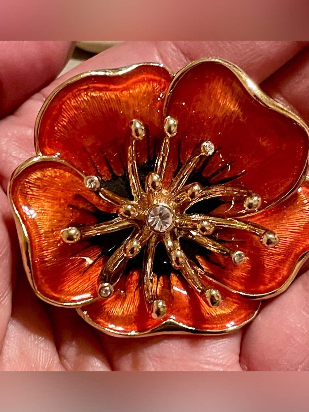 Monet Orange Enamel Poppy Brooch with Gold Accents